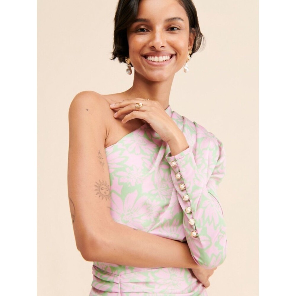 Azulu Sunny Satin One Shoulder Gown Pink Green Floral Slit XS $460